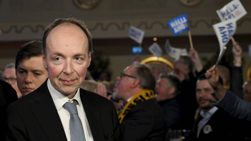 The Finns Party presidential candidate Jussi Halla-aho at his election reception in Helsinki on January 28, 2024.