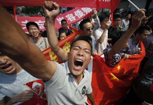 Chinese workers at a strike protest