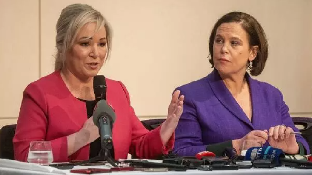 First Minister of Northern Ireland Michelle O’Neill and Sinn Féin leader Mary Lou McDonald speak at a Foreign Press Association briefing in London, 8 February 2024.