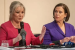 First Minister of Northern Ireland Michelle O’Neill and Sinn Féin leader Mary Lou McDonald speak at a Foreign Press Association briefing in London, 8 February 2024.