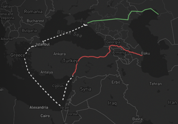 Map showing the routes of the BTC pipeline (red) and the CPC pipeline (green).