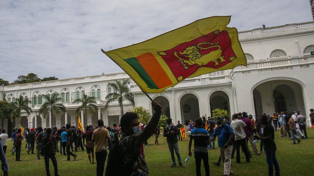 Sri Lankan protester with flag