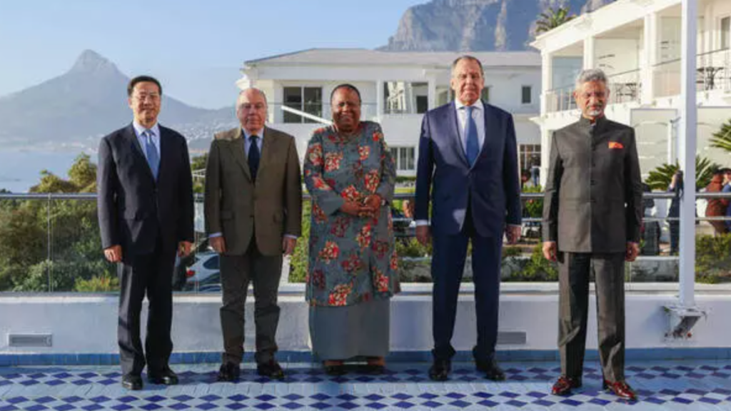 The foreign ministers of China, Brazil, South Africa, Russia, and India meet for the BRICS Foreign Ministers Meeting in Cape Town, South Africa in June 2023.