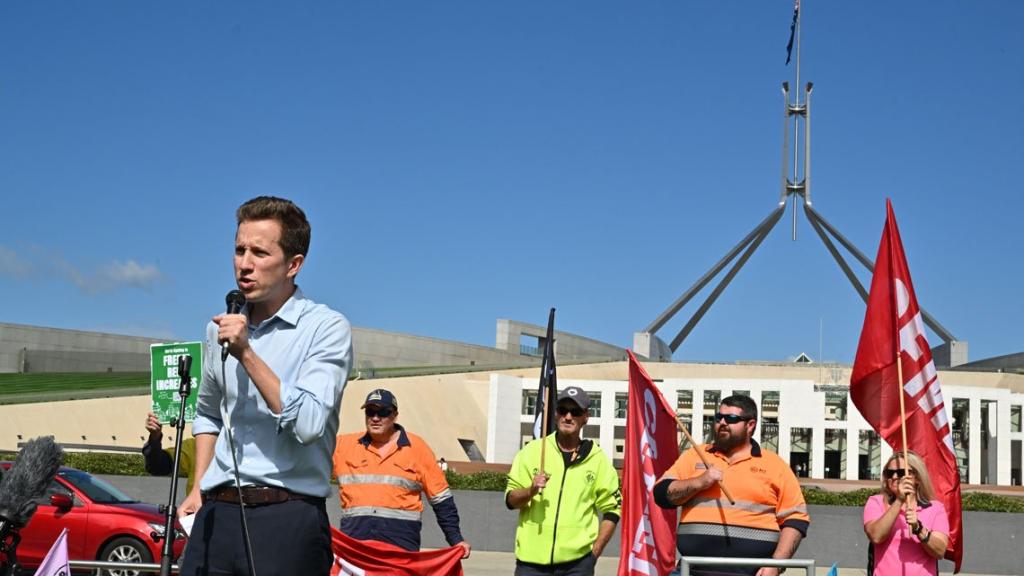 Max Chandler-Mather outside federal parliament