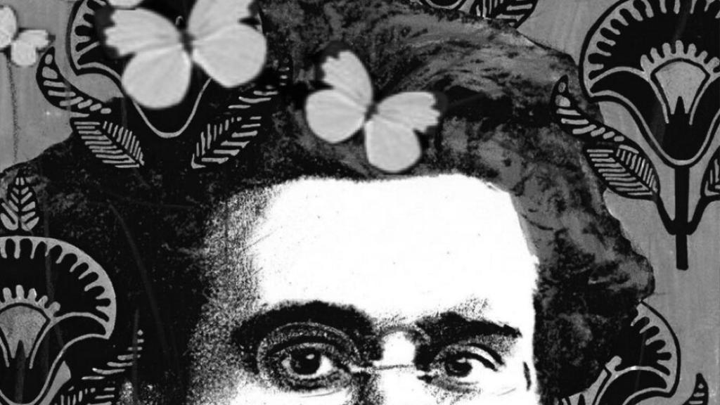 Photo composition showing Antonio Gramsci’s face with butterflies and flowers. Photo: La Tinta