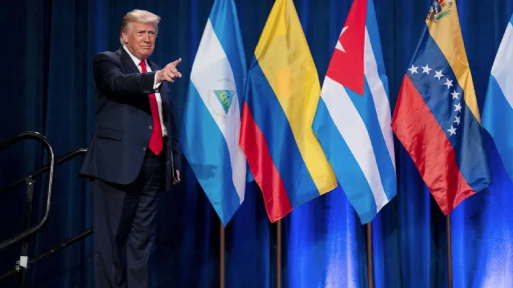 Then-President Donald Trump arrives for a Latinos for Trump event, in Doral, Fla., Sept. 25, 2020