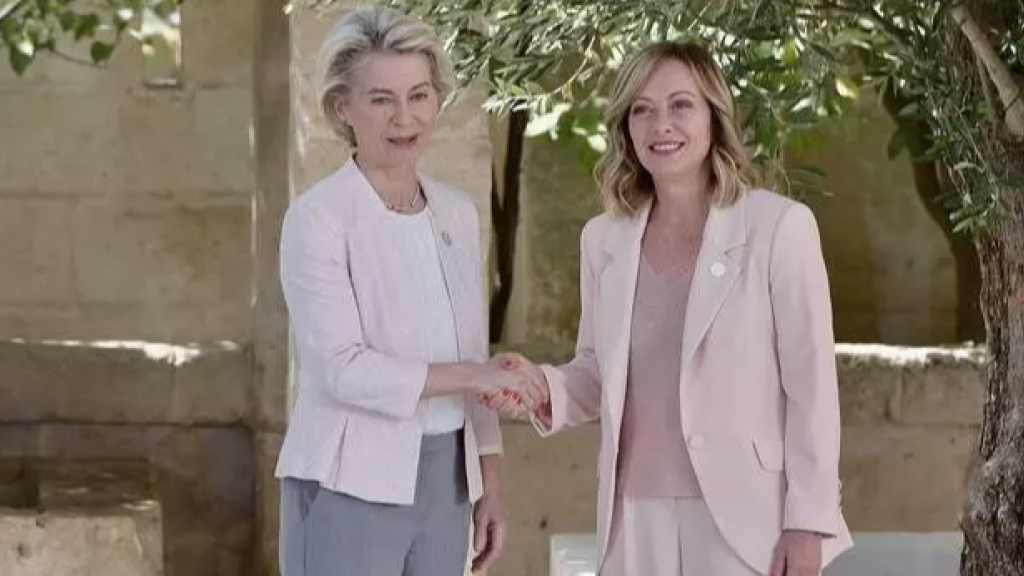 European Commission President Ursula von der Leyen is greeted by Prime Minister Giorgia Meloni during the G7 Summit in Italy, 13 June 2024.