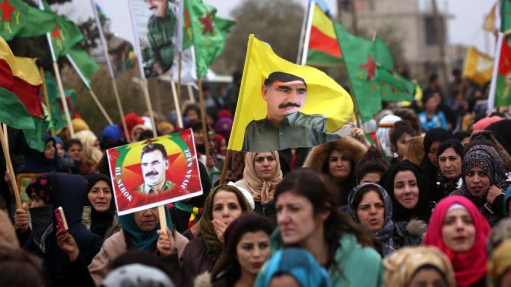 Protest in Afrin, Rojava earlier this year in support of jailed PKK leader Abdullah Ocalan.