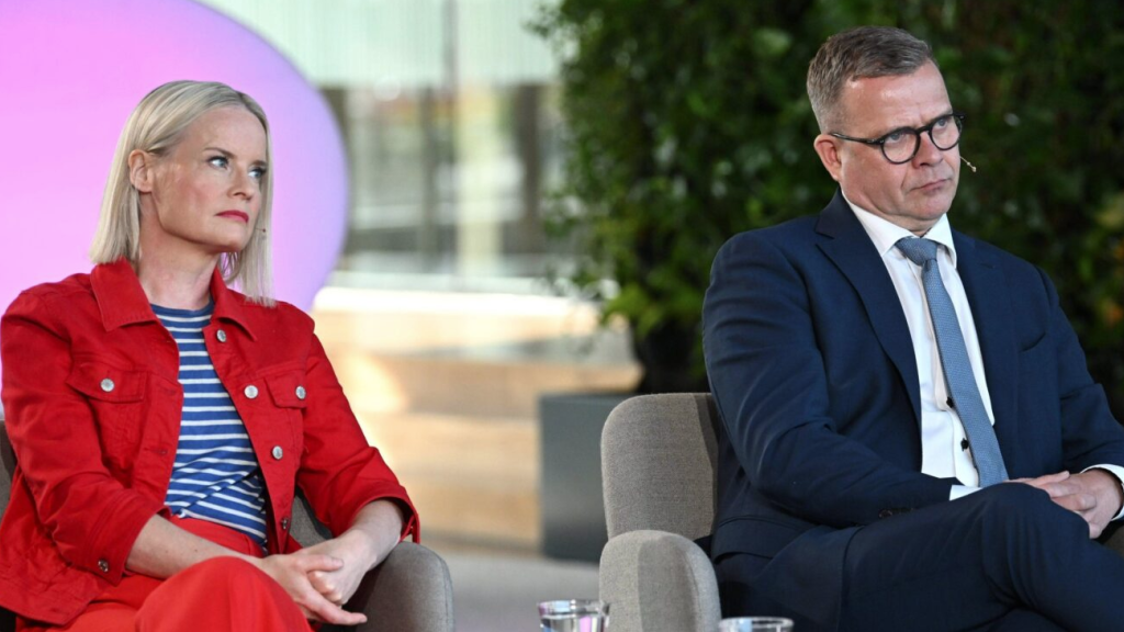 The Finns Party's chairperson Riikka Purra and National Coalition Party's chairperson Petteri Orpo during a EU parliamentary elections debate in Helsinki,