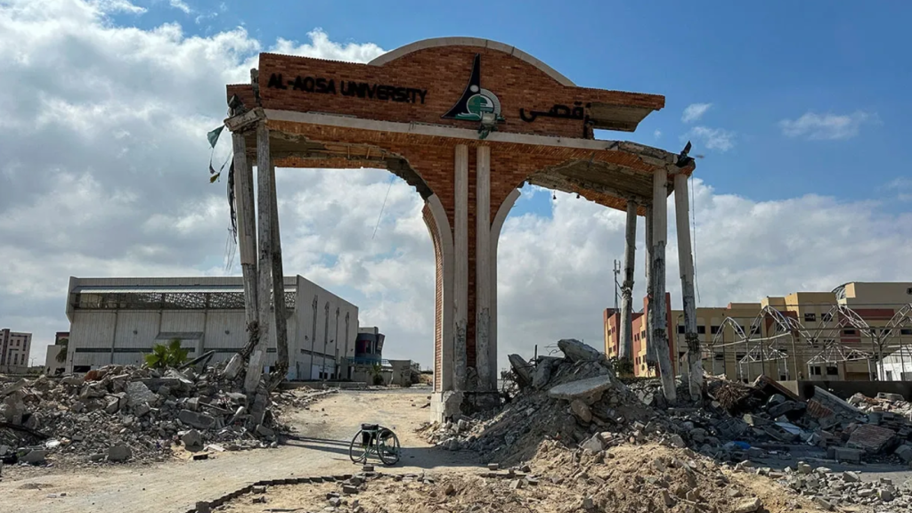 Bombed buildings at Al-Aqsa University’s Khan Younis campus. Credit: Doaa Rouqa/Reuters