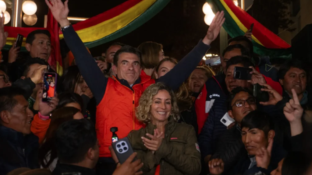 Rodrigo Paz celebrates alongside his supporters on the night of Sunday, August 17. (Benjamin Swift)
