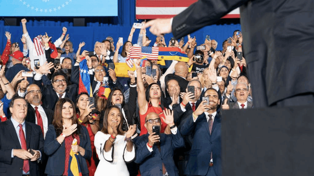 Donald Trump delivers remarks to the Venezuelan American community at the Florida International University Ocean Bank Convocation Center on February 18, 2019, in Miami, Florida.