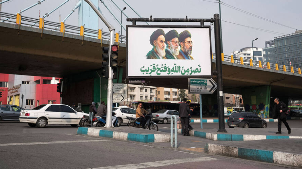  The propaganda poster at a Tehran crossroads shows the first ‘Supreme Leader’, Ruhollah Khomeini, his successor Ali Khamenei (killed in the early days of the war) and his son Mojtaba Khamenei, who was subsequently appointed to the post (from left to right)