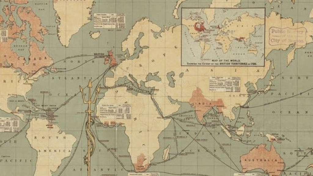 Caption: Imperial Federation: Map of the World Showing the Extent of the British Empire in 1886 (cropped). Norman B. Leventhal Map & Education Center, CC BY 2.0, via Wikimedia Commons.