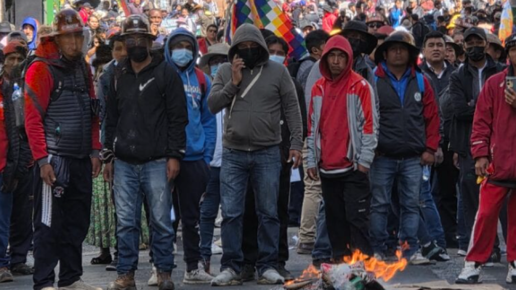 Salaried miners protest the policies of President Rodrigo Paz near Plaza Murillo in La Paz, Bolivia, on May 18, 2026. (William Wroblewski)