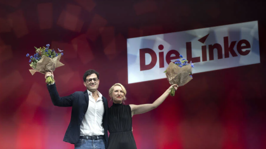 Die Linke co-chairs Luigi Pantisano and Ines Schwerdtner during the Potsdam party conference, 20 June 2026