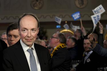 The Finns Party presidential candidate Jussi Halla-aho at his election reception in Helsinki on January 28, 2024.