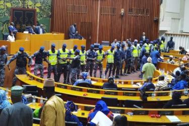 Members of the gendarmerie in the chamber of the National Assembly after expelling opposition MPs opposing the vote cancelling the 2024 presidential election – Dakar, 5 February