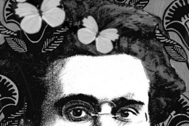 Photo composition showing Antonio Gramsci’s face with butterflies and flowers. Photo: La Tinta