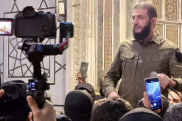 The militia leader Ahmed al-Jolani chose the Umayyad Mosque in Damascus as a highly symbolic stage for his first speech as the new Syrian ruler, 9 December 2024.Photo: IMAGO / ABACAPRESS