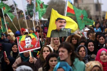 Protest in Afrin, Rojava earlier this year in support of jailed PKK leader Abdullah Ocalan.