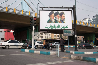  The propaganda poster at a Tehran crossroads shows the first ‘Supreme Leader’, Ruhollah Khomeini, his successor Ali Khamenei (killed in the early days of the war) and his son Mojtaba Khamenei, who was subsequently appointed to the post (from left to right)