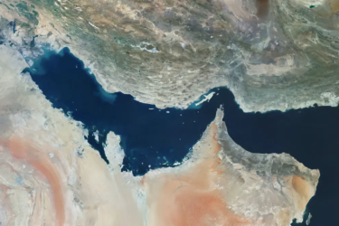 A satellite image of the Persian Gulf, connected to the Gulf of Oman by the Strait of Hormuz, 2025. 