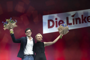 Die Linke co-chairs Luigi Pantisano and Ines Schwerdtner during the Potsdam party conference, 20 June 2026