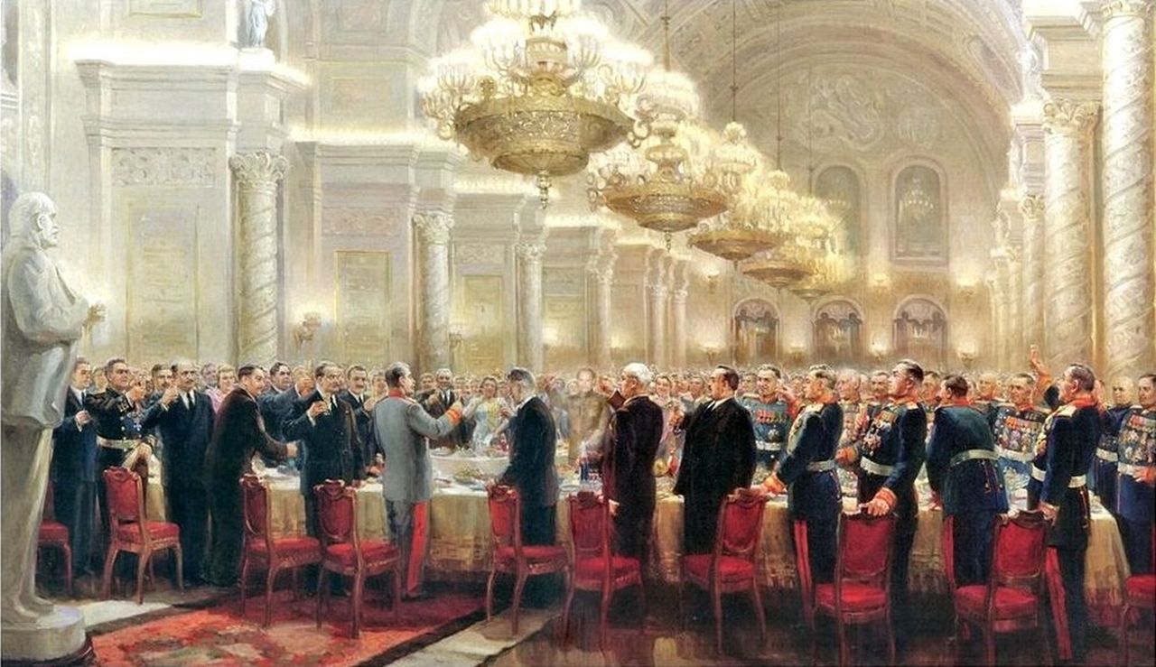 Painting by the Ukrainian artist Mykhaylo Khmelko, "Stalin's Toast to the Great Russian People" 1947