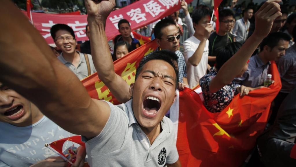 Chinese workers at a strike protest