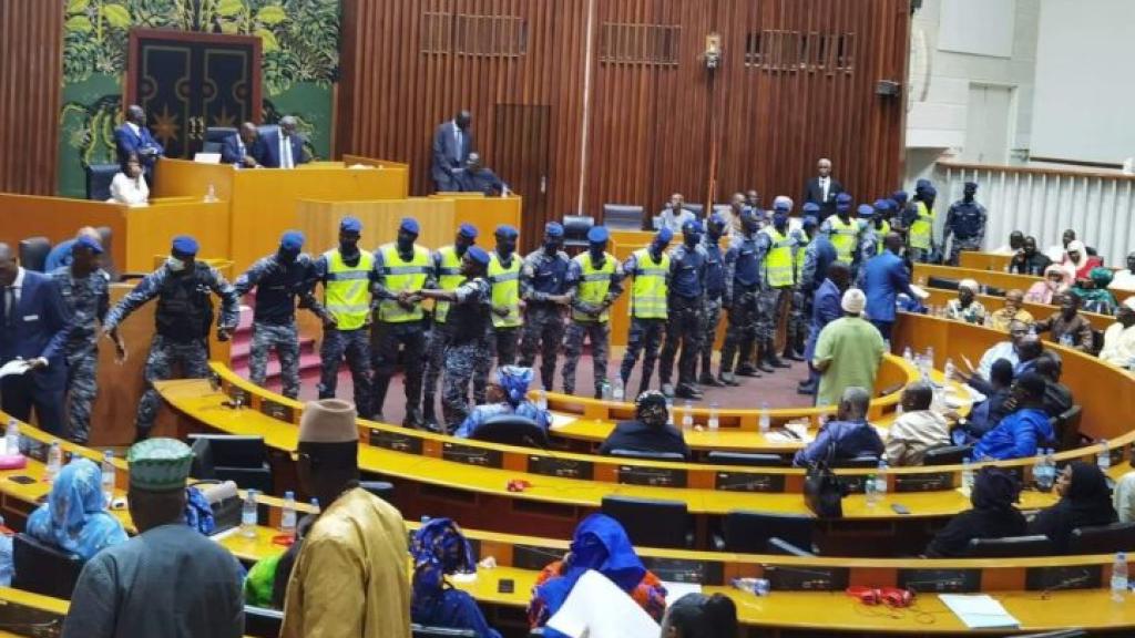 Members of the gendarmerie in the chamber of the National Assembly after expelling opposition MPs opposing the vote cancelling the 2024 presidential election – Dakar, 5 February